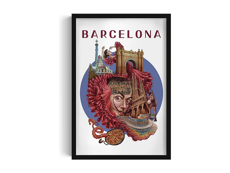 Gerahmtes Bild, spanisches Stadtdekor, schwarz gerahmtes Bild Barcelona, ​​40x60 cm Barcelona-Kunst, Barcelona-Stadtdruck.
