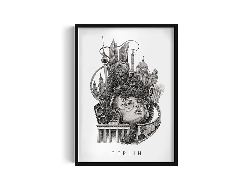 Bild im Rahmen, moderne deutsche Wandkunst, Berliner schwarze Rahmenkunst, Stadtbild 50x70.