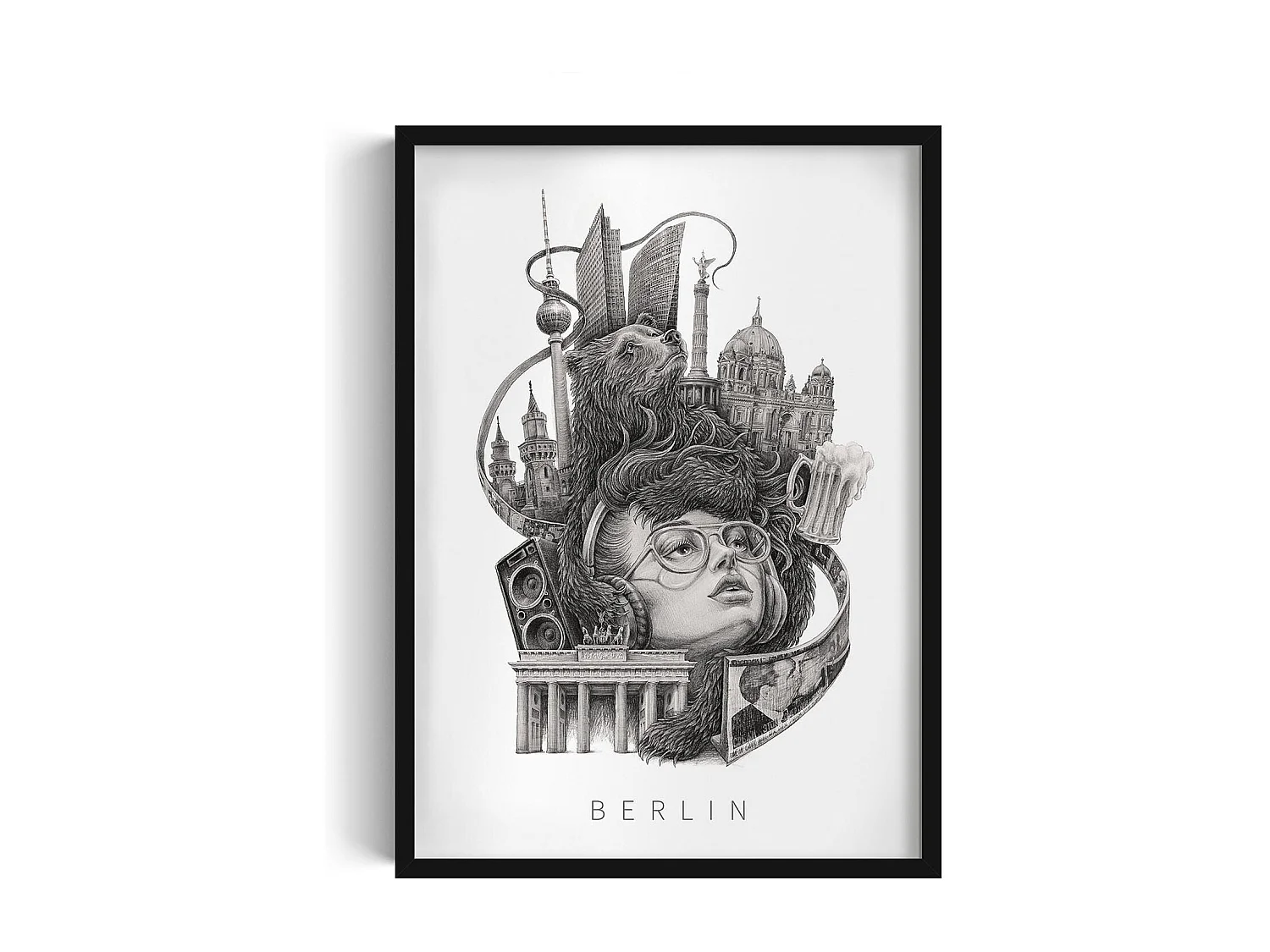 Image dans un cadre, art mural allemand moderne, art du cadre noir Berlin, image urbaine 50x70.