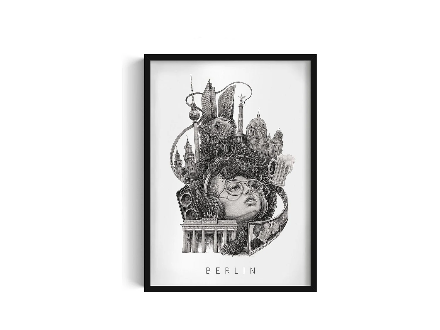 Image dans un cadre, art mural allemand moderne, art du cadre noir Berlin, image urbaine 50x70.
