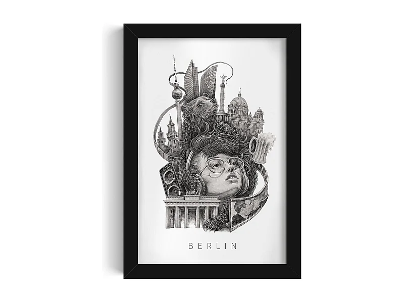 Image dans un cadre, art mural allemand moderne, art du cadre noir Berlin, image urbaine 20x30.