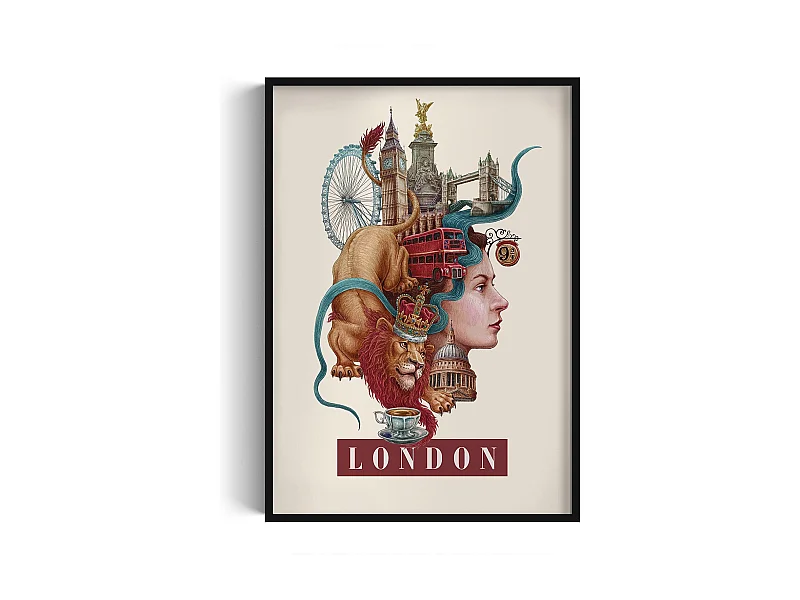 Gerahmtes Bild, Londoner Stadtdekor, schwarzer Rahmen Londoner Kunst, minimalistisches Londoner Stadtbild, 70x100 cm.