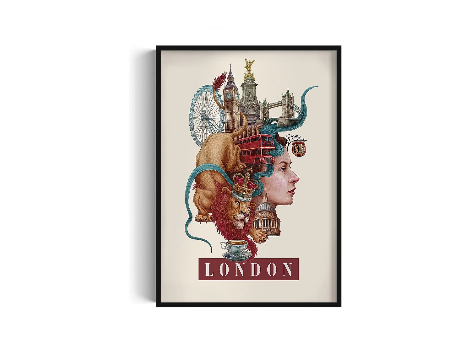 Image encadré, décor urbain Londres, cadre noir Londres art, image paysage urbain minimaliste Londres, 70x100 cm.