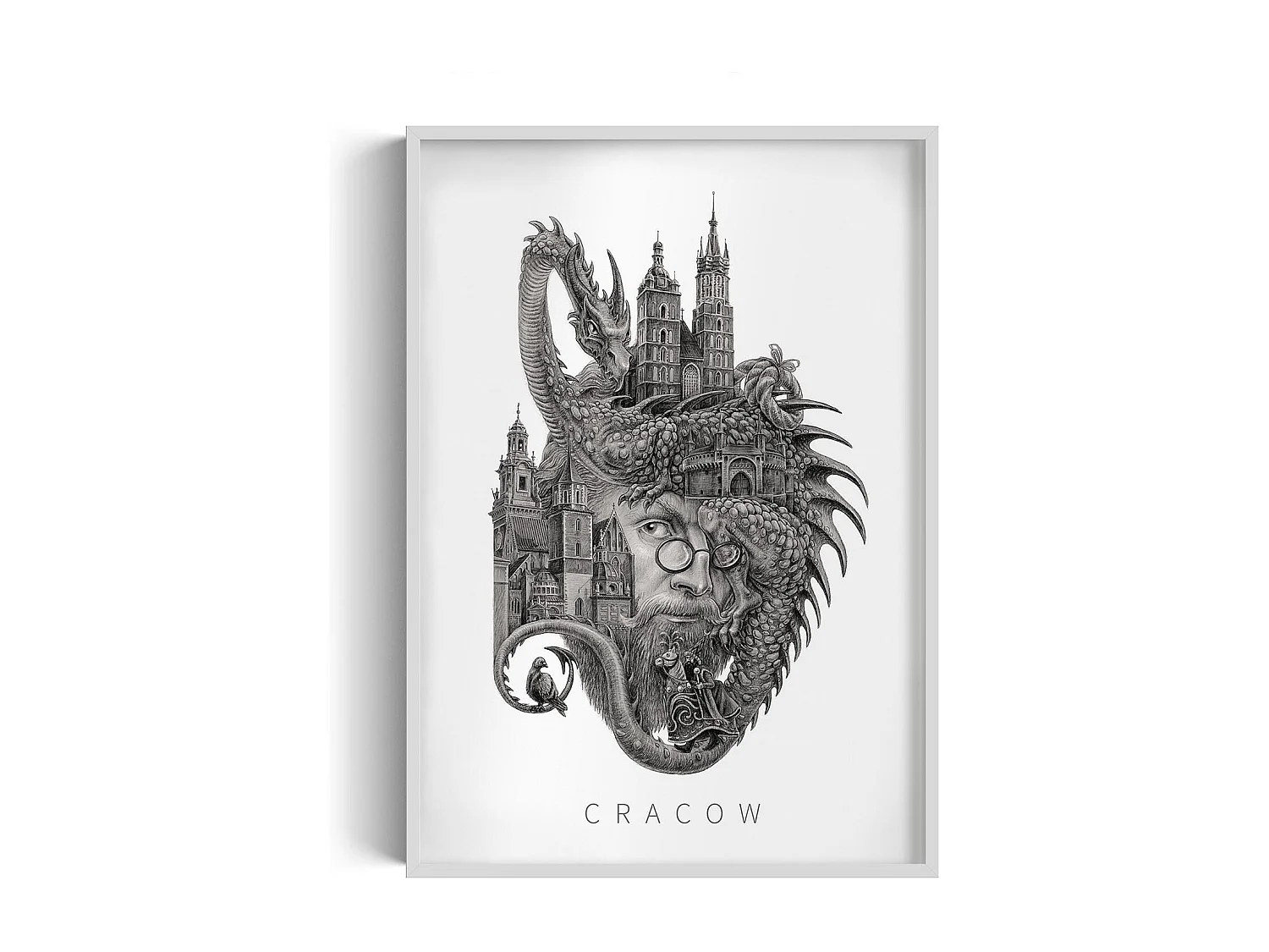 Foto in lijst, ingelijst Pools stadsdecor, Krakau witte lijstkunst, Krakau minimalistische muurprint 70x100 cm