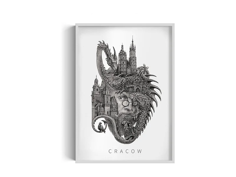 Bild im Rahmen, gerahmtes polnisches Stadtdekor, Krakauer weißer Rahmenkunst, Krakauer minimalistischer Wanddruck 70x100 cm