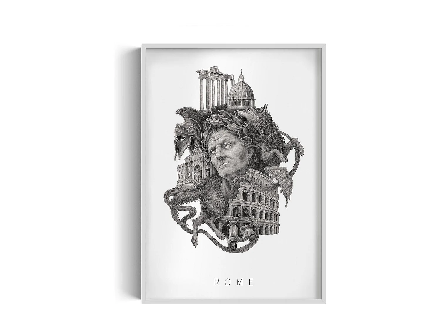 Foto in lijst, elegante Italiaanse decoratie, witte kunstlijst Rome, stadsfoto van Rome, Rome-ontwerp 70x100 cm.