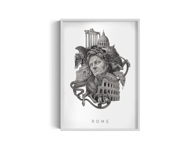 Bild im Rahmen, elegante italienische Dekoration, Rom-Kunst, weißer Rahmen, Stadtbild von Rom, Rom-Design 70x100 cm.