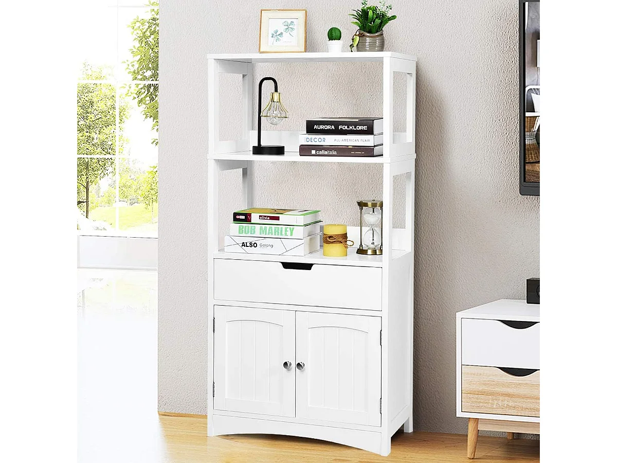 Armoire de Salle de Bain Meuble de Rangement WC, avec Tiroir, 2 Étagères Ouvertes,Double Porte,Meuble d’entrée Cuisine Salon,Blanc