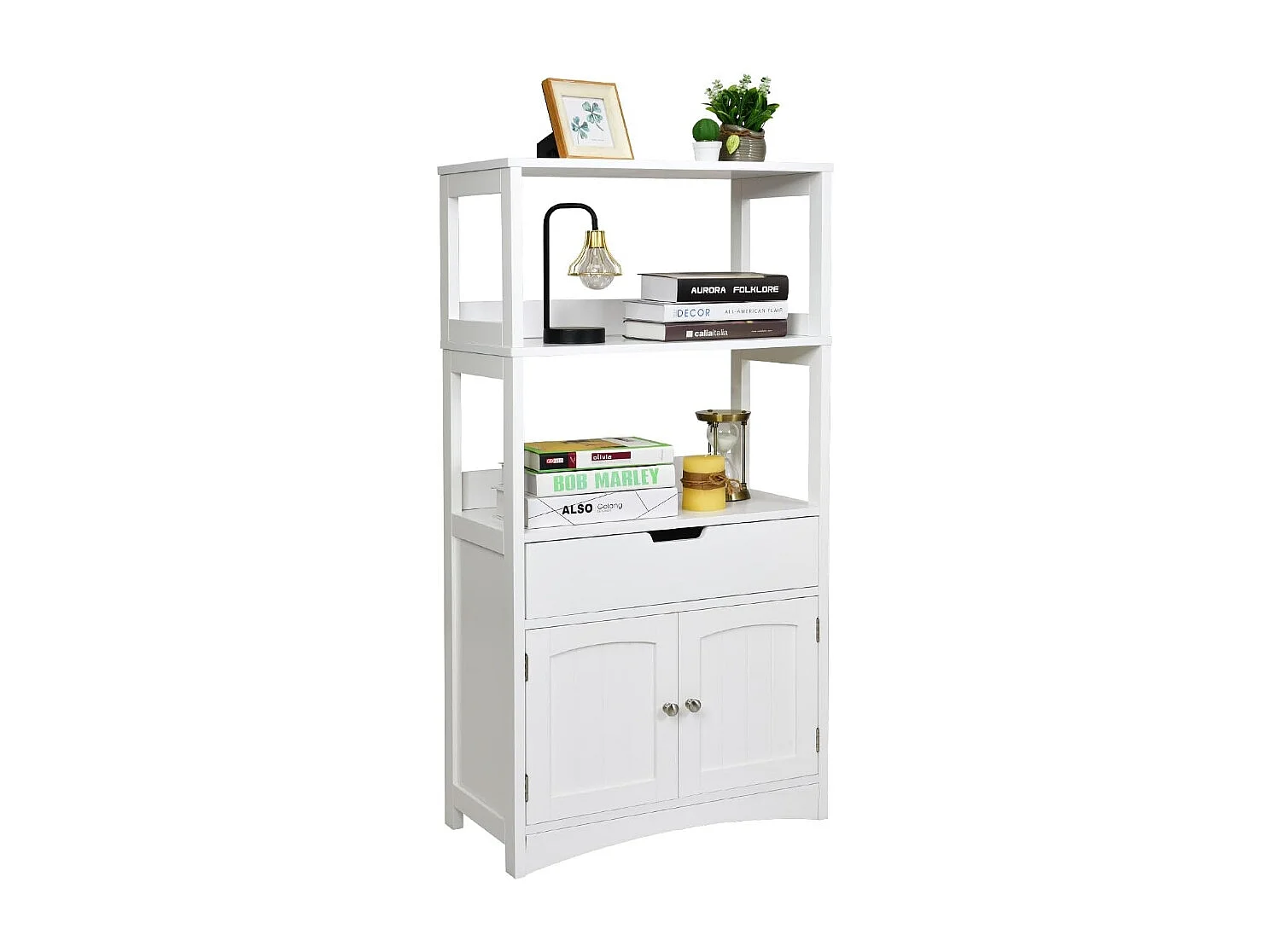 Armoire de Salle de Bain Meuble de Rangement WC, avec Tiroir, 2 Étagères Ouvertes,Double Porte,Meuble d’entrée Cuisine Salon,Blanc