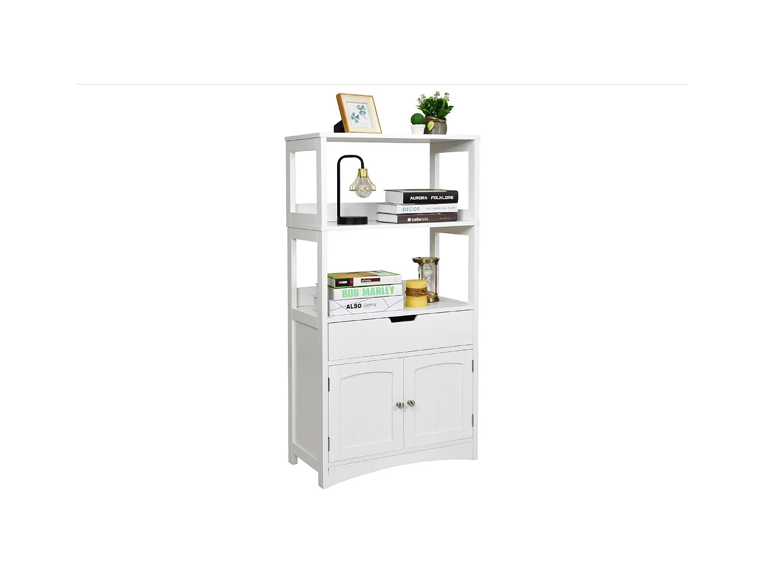 Armoire de Salle de Bain Meuble de Rangement WC, avec Tiroir, 2 Étagères Ouvertes,Double Porte,Meuble d’entrée Cuisine Salon,Blanc