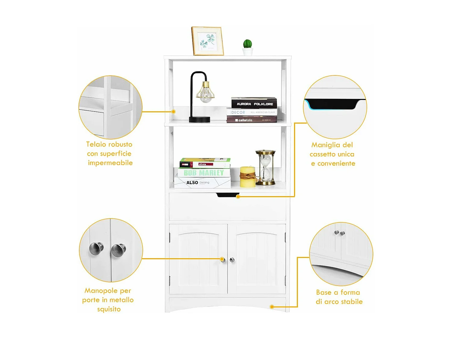 Armoire de Salle de Bain Meuble de Rangement WC, avec Tiroir, 2 Étagères Ouvertes,Double Porte,Meuble d’entrée Cuisine Salon,Blanc