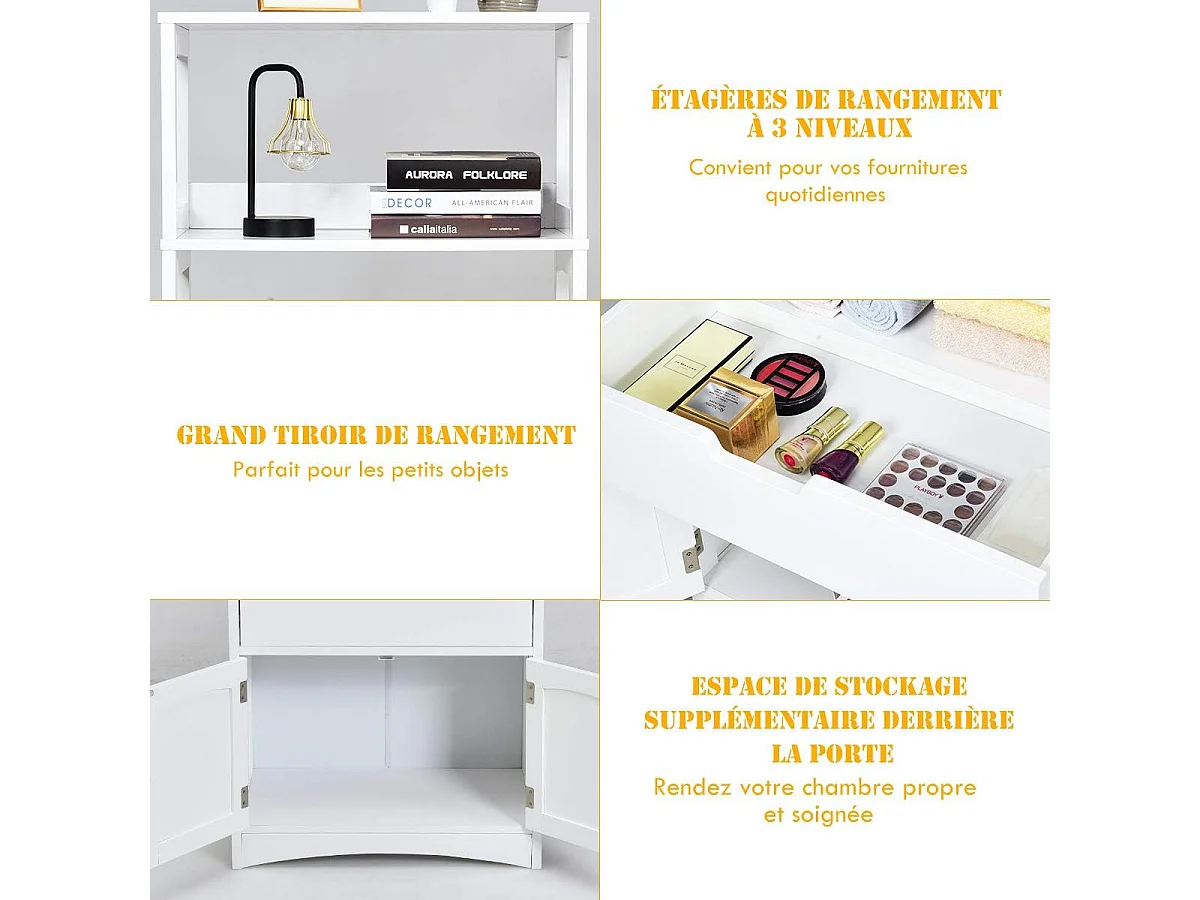 Armoire de Salle de Bain Meuble de Rangement WC, avec Tiroir, 2 Étagères Ouvertes,Double Porte,Meuble d’entrée Cuisine Salon,Blanc