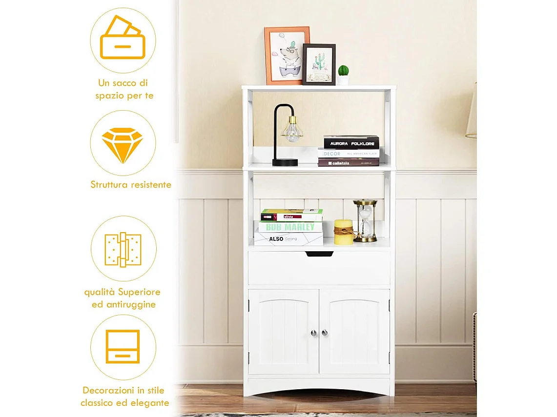 Armoire de Salle de Bain Meuble de Rangement WC, avec Tiroir, 2 Étagères Ouvertes,Double Porte,Meuble d’entrée Cuisine Salon,Blanc