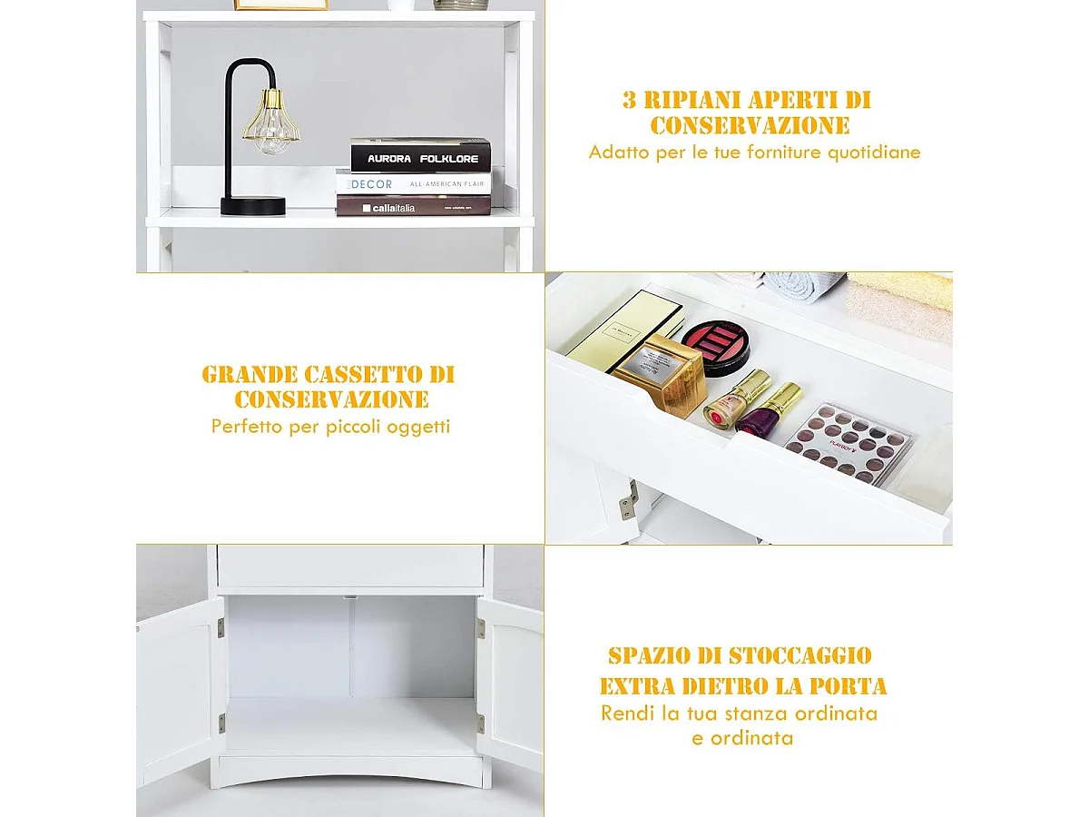 Armoire de Salle de Bain Meuble de Rangement WC, avec Tiroir, 2 Étagères Ouvertes,Double Porte,Meuble d’entrée Cuisine Salon,Blanc