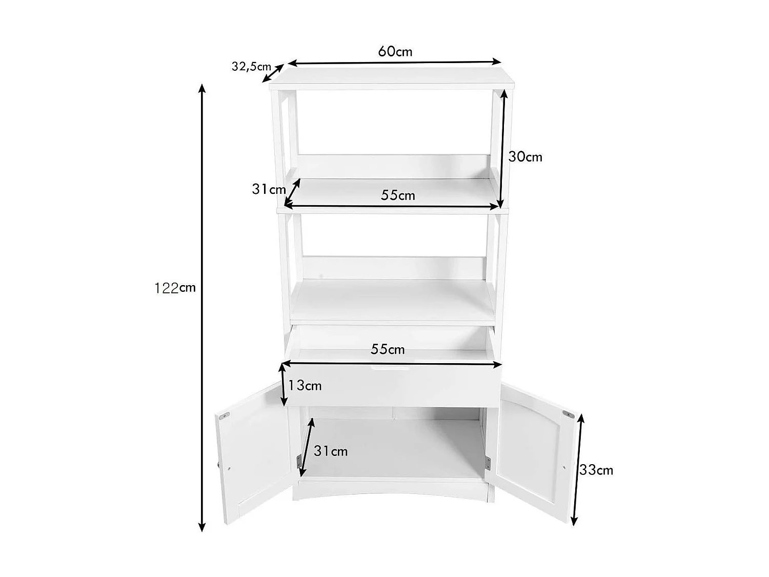 Armoire de Salle de Bain Meuble de Rangement WC, avec Tiroir, 2 Étagères Ouvertes,Double Porte,Meuble d’entrée Cuisine Salon,Blanc