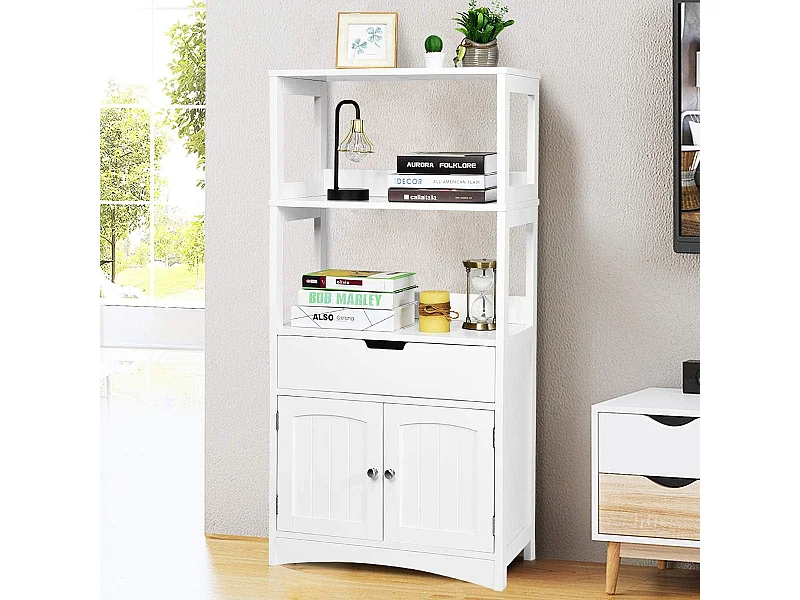 Armoire de Salle de Bain Meuble de Rangement WC, avec Tiroir, 2 Étagères Ouvertes,Double Porte,Meuble d’entrée Cuisine Salon,Blanc