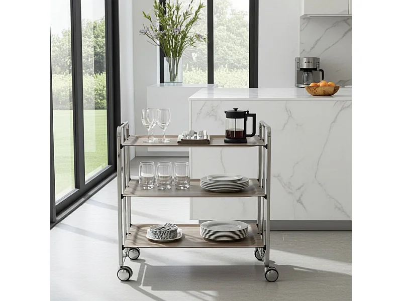 DON HIERRO - Carrito auxiliar plegable BAUHAUS cromado con ruedas – 3 niveles y 3 posiciones-Fresno