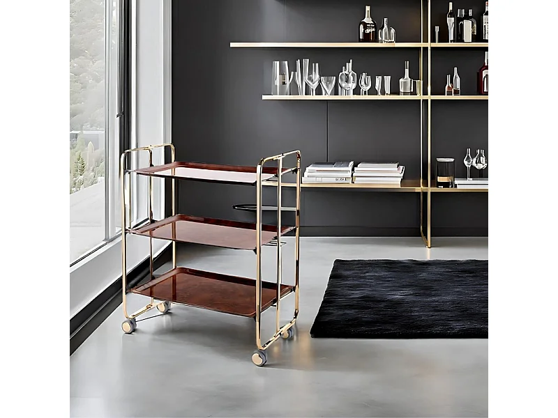DON HIERRO - Carrito plegable con ruedas BAUHAUS, armazón con baño de oro, 3 estantes.-