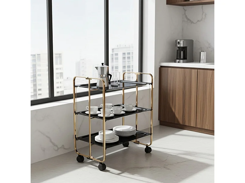 Klappbarer Servierwagen BAUHAUS mit Rollen – Metallgestell goldfarben, 3 Ebenen, 3 Positionen