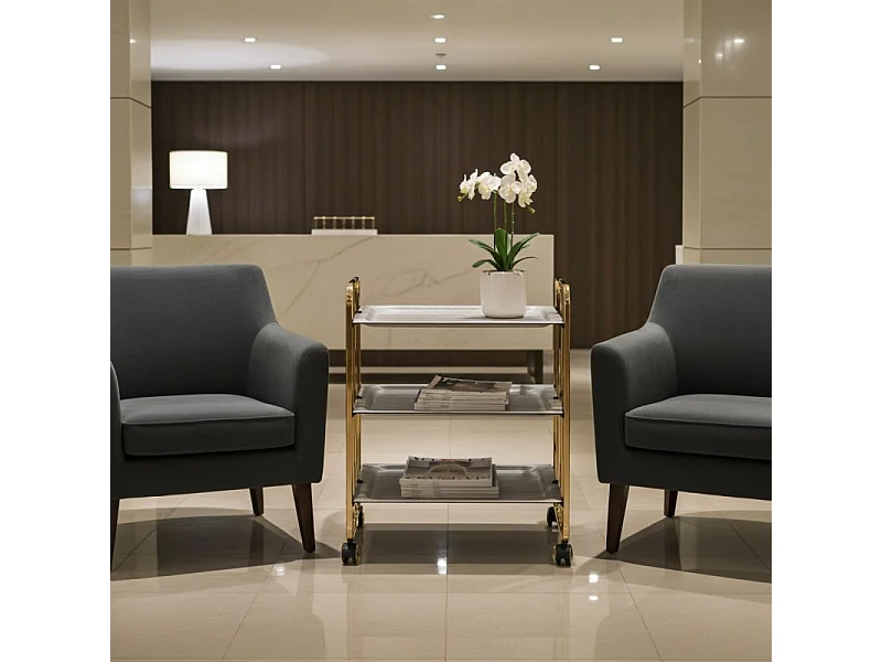 DON HIERRO - Carrito auxiliar plegable BAUHAUS dorado con ruedas – 3 niveles y 3 posiciones-Pino envejecido