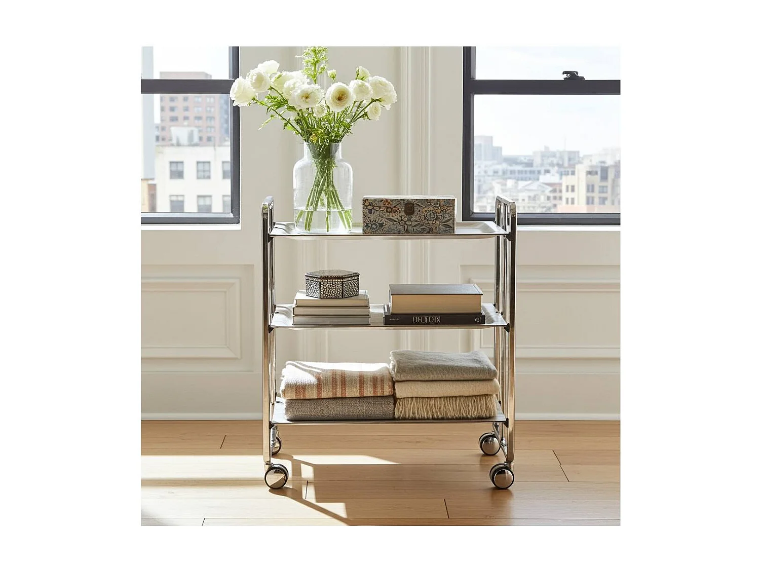 DON HIERRO - Carrito auxiliar plegable BAUHAUS cromado con ruedas – 3 niveles y 3 posiciones-Pino envejecido