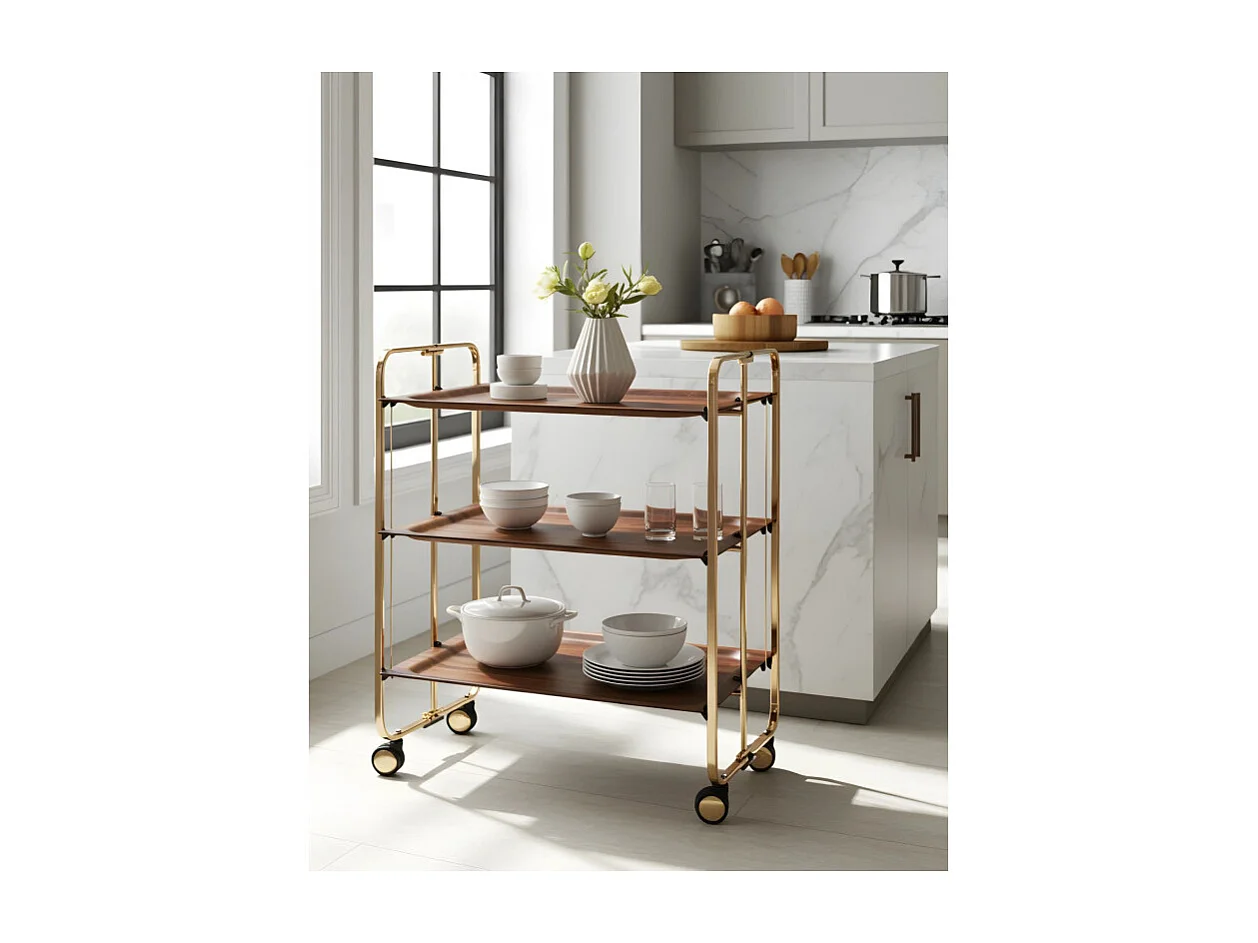 Desserte pliante BAUHAUS avec roulettes – Structure dorée, 3 niveaux, 3 positions