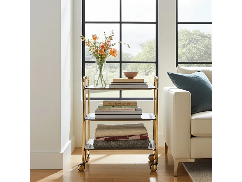 DON HIERRO - Carrito auxiliar plegable BAUHAUS dorado con ruedas – 3 niveles y 3 posiciones-Fresno