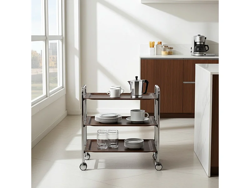 Klappbarer Servierwagen BAUHAUS mit Rollen – Metallgestell verchromt, 3 Ebenen, 3 Positionen