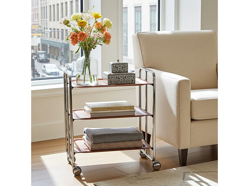 Desserte pliante BAUHAUS avec roulettes – Structure chromée, 3 niveaux, 3 positions