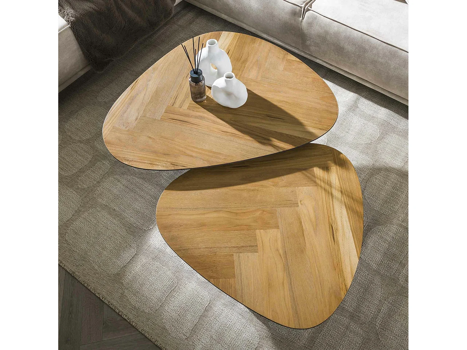 Table basse en bois de teck et métal motif chevron (lot de 2) MAYA