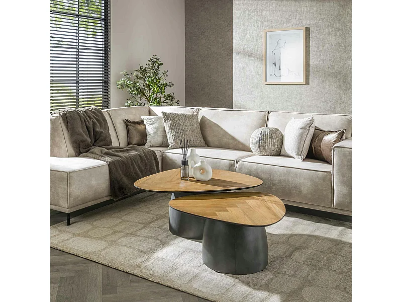 Table basse en bois de teck et métal motif chevron (lot de 2) MAYA