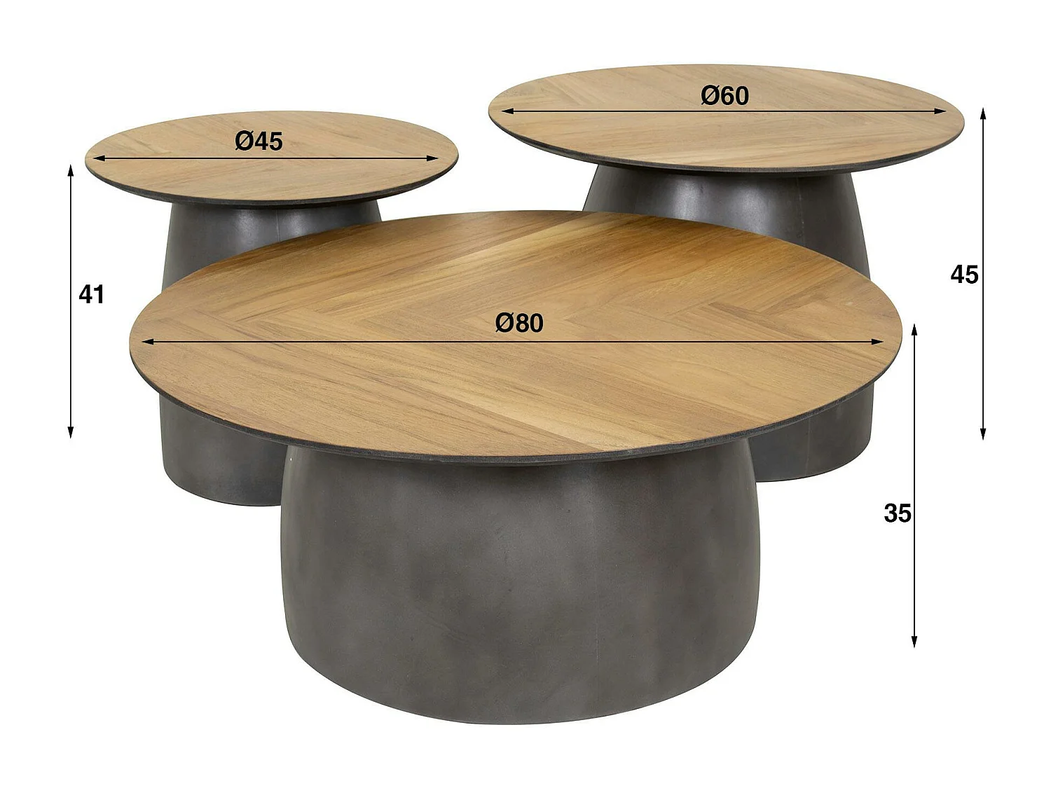 Table basse ronde en bois de teck et métal motif chevron (lot de 3) MAYA