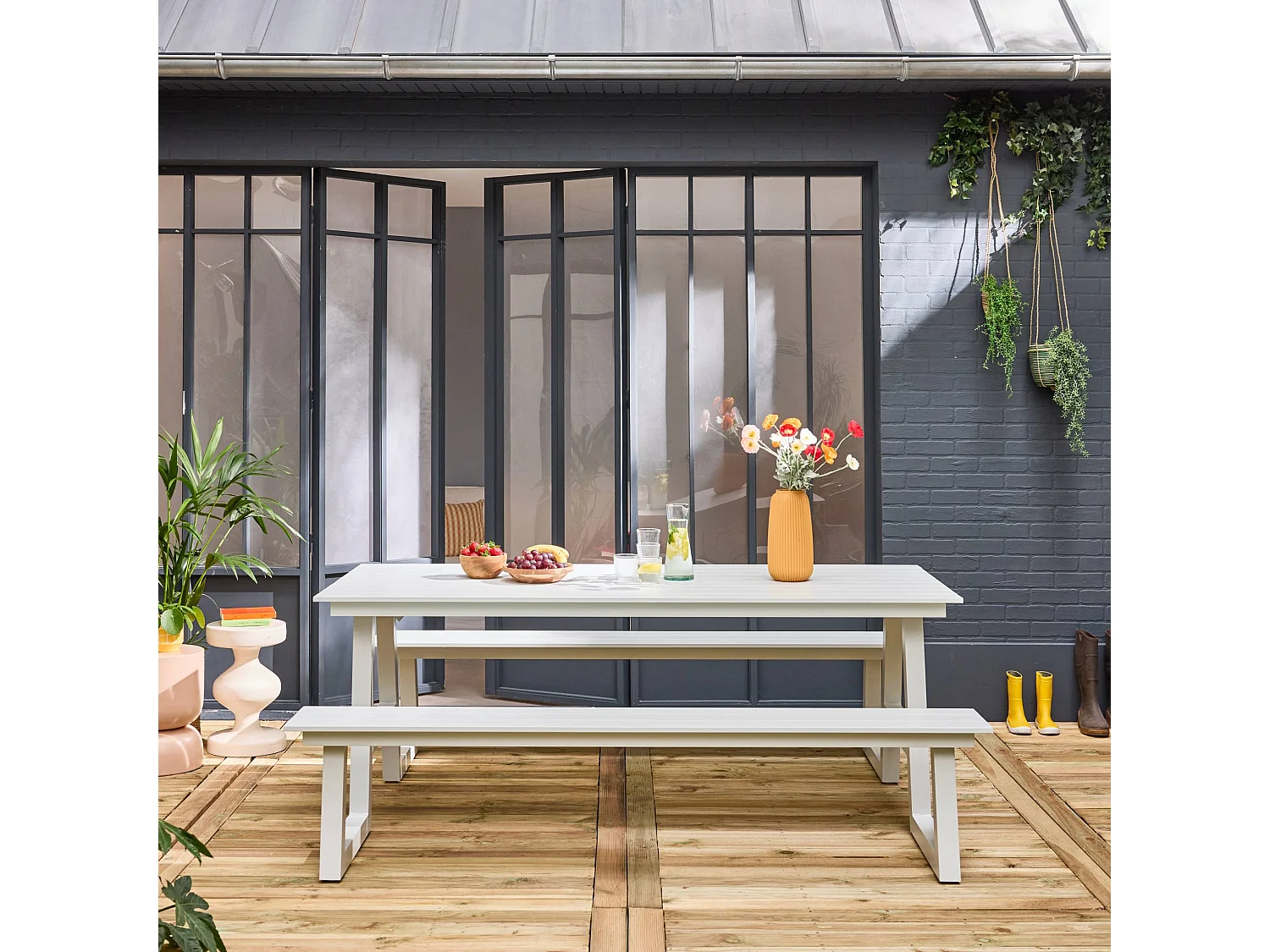 Mesa de picnic de aluminio con 2 bancos, 6 plazas blanco