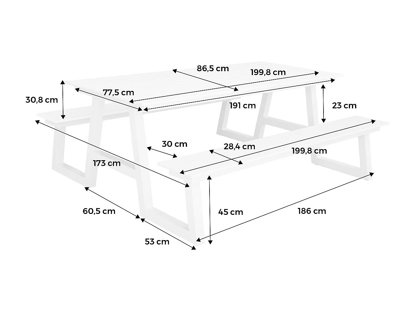 Mesa de picnic de aluminio con 2 bancos, 6 plazas blanco