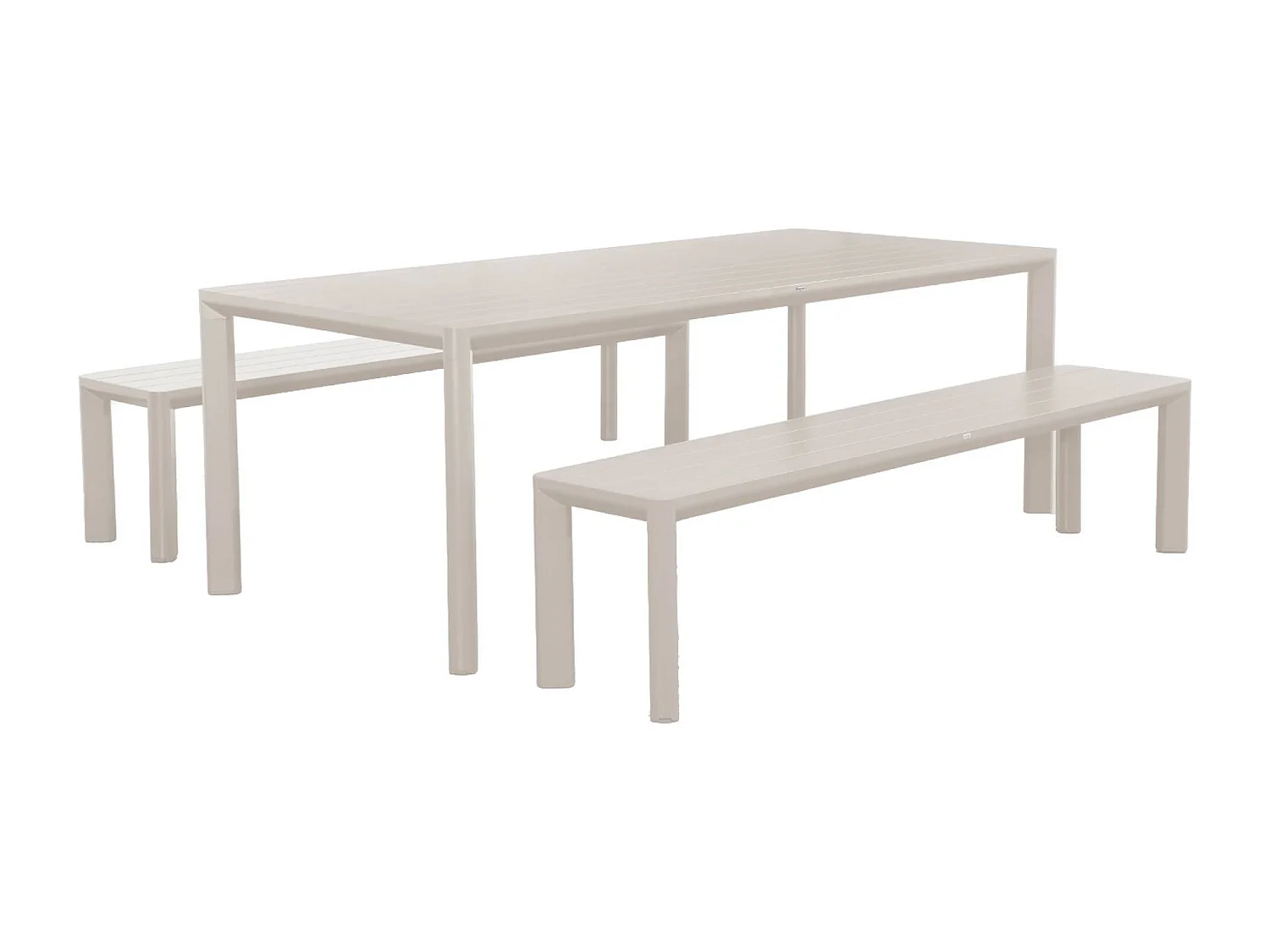 Table de jardin aluminium et 2 bancs beige. 8 places. 200 x 40 x 45 cm