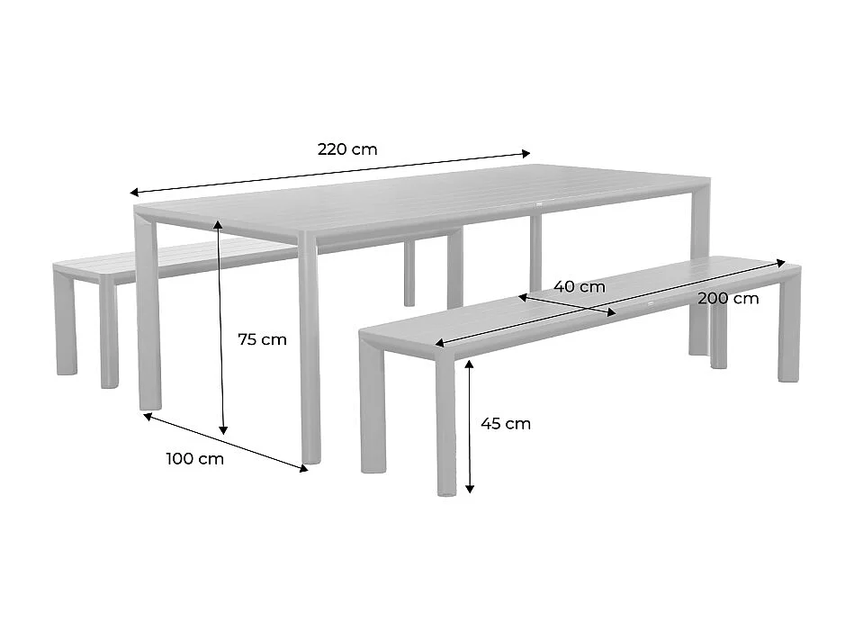 Table de jardin aluminium et 2 bancs beige. 8 places. 200 x 40 x 45 cm