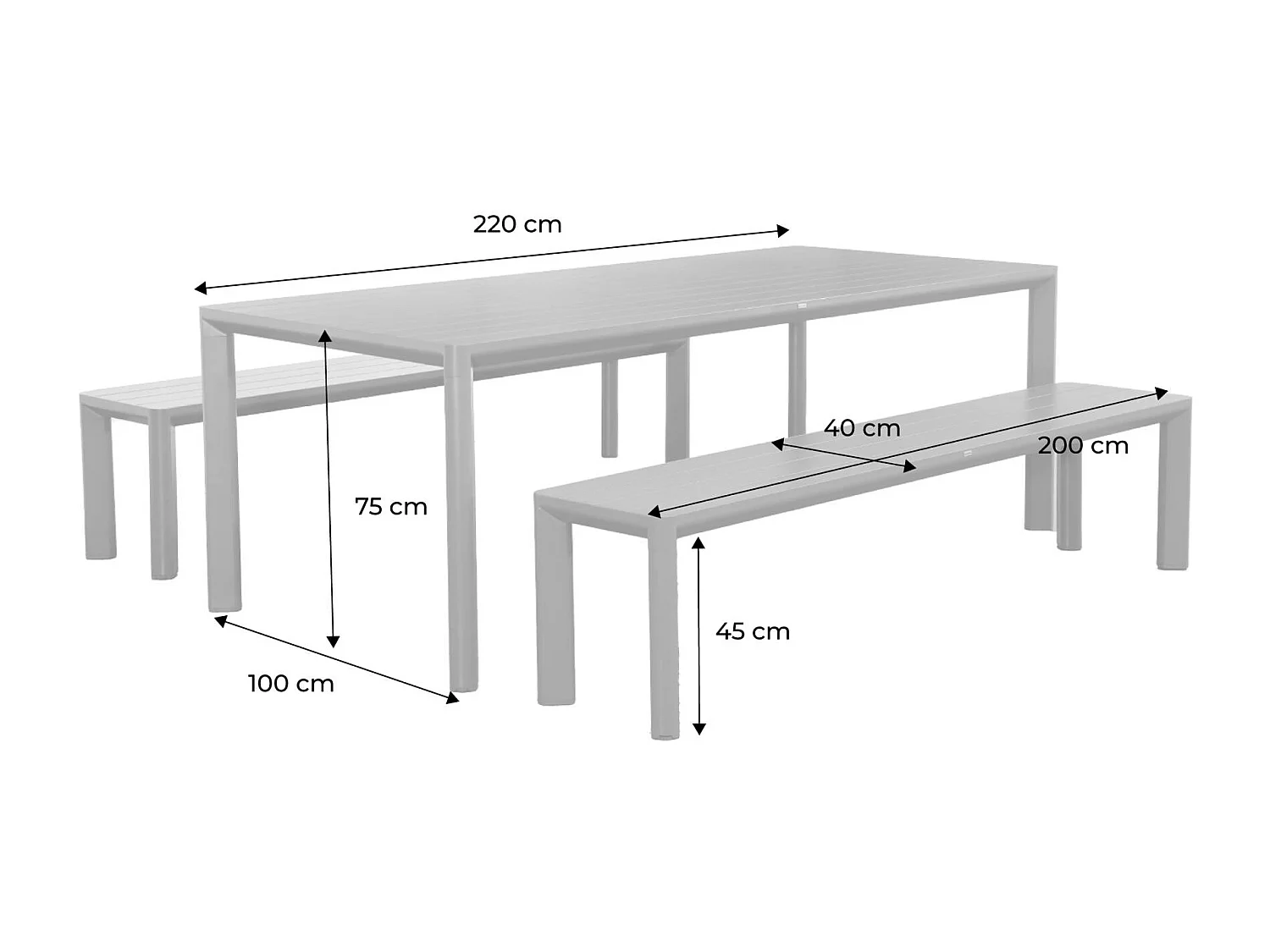 Table de jardin aluminium et 2 bancs beige. 8 places. 200 x 40 x 45 cm