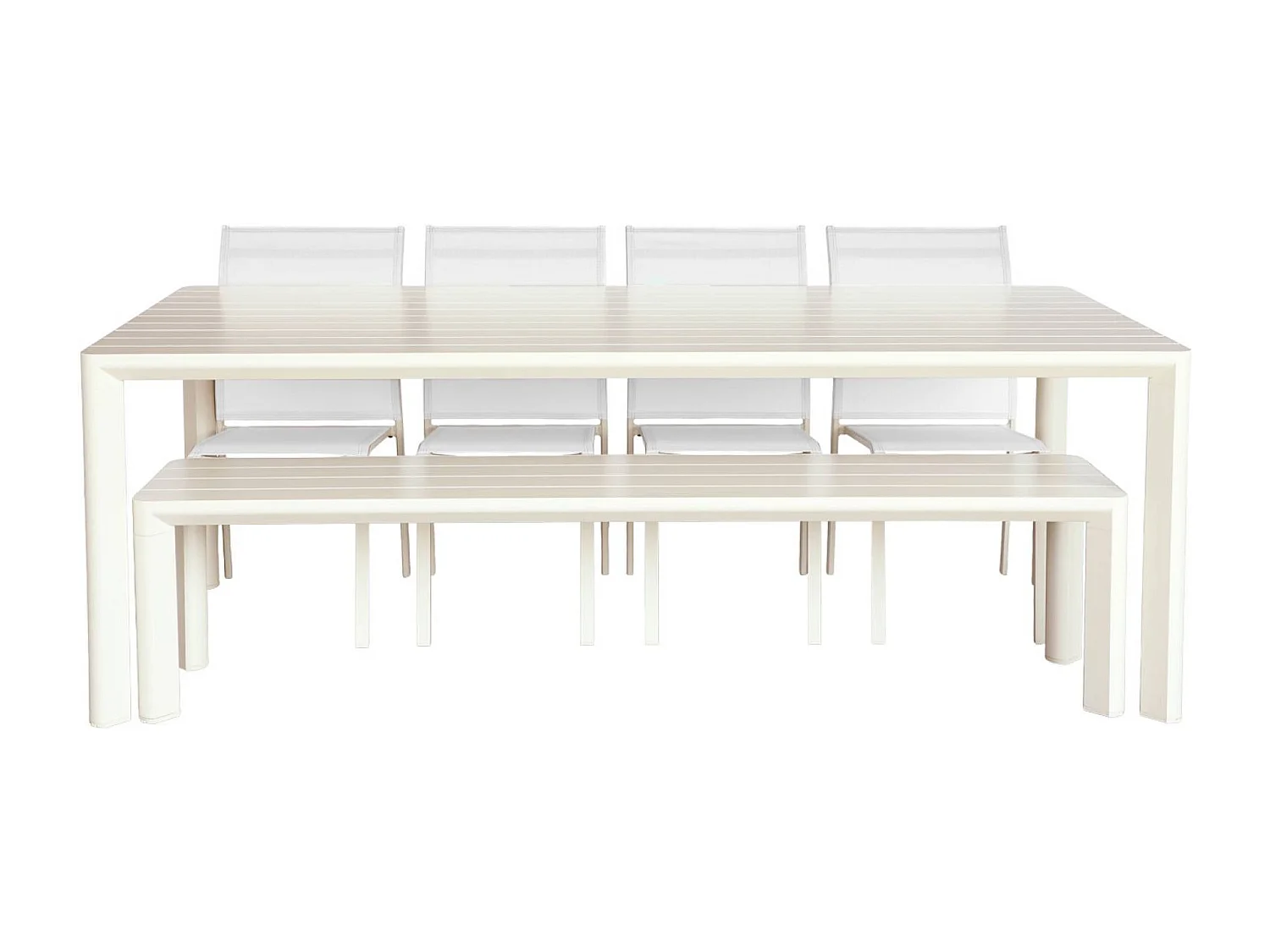 Table de jardin aluminium + 4 assises + 1 banc aluminium et textilène beige. 220 x 100 x 75 cm