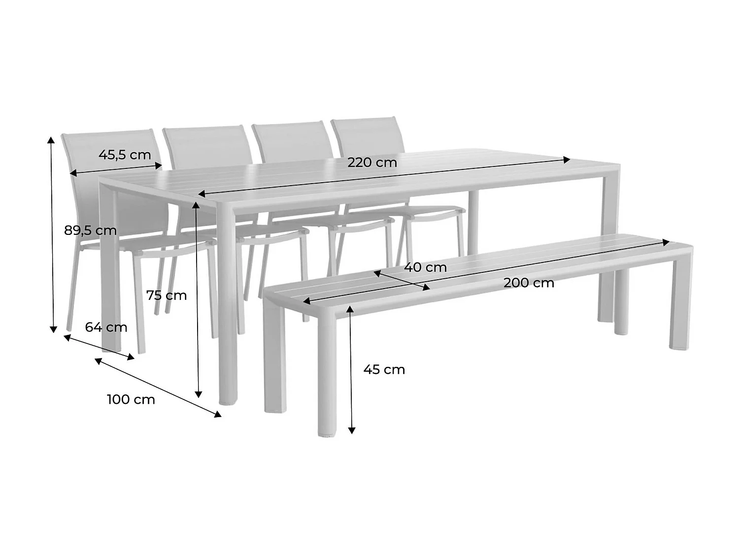 Table de jardin aluminium + 4 assises + 1 banc aluminium et textilène beige. 220 x 100 x 75 cm
