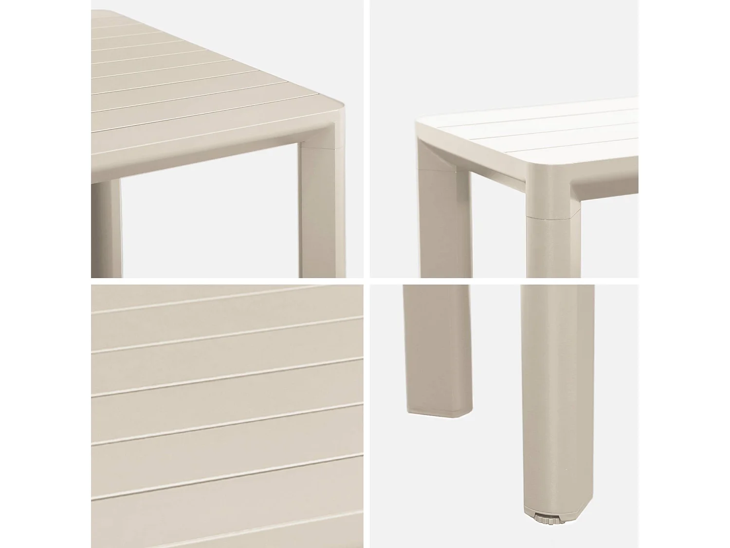 Table de jardin aluminium + 4 assises + 1 banc aluminium et textilène beige. 220 x 100 x 75 cm