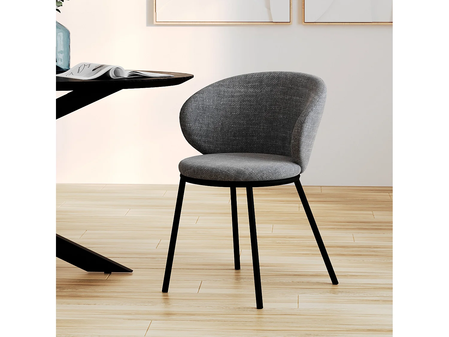 Chaise en tissu gris et pieds en métal noir - Angèle