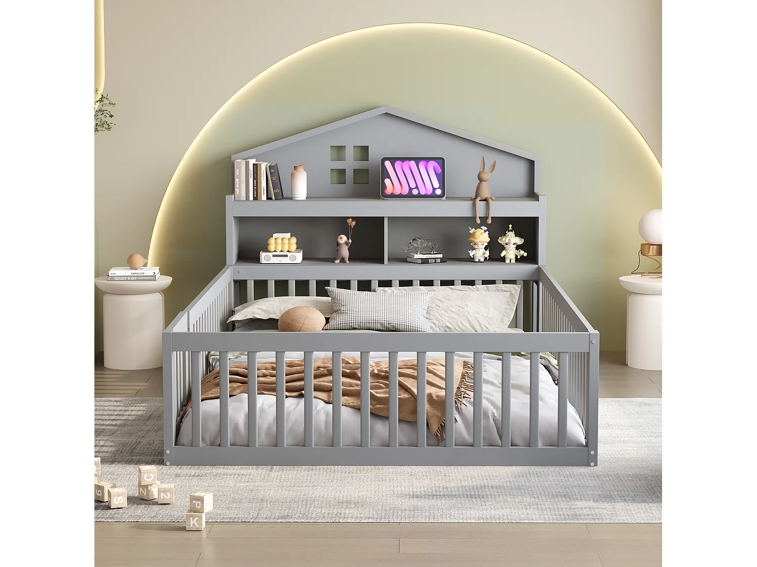 Houten kinderbed 140x200cm - met planken en beschermrooster - met lattenbodem - Grijs