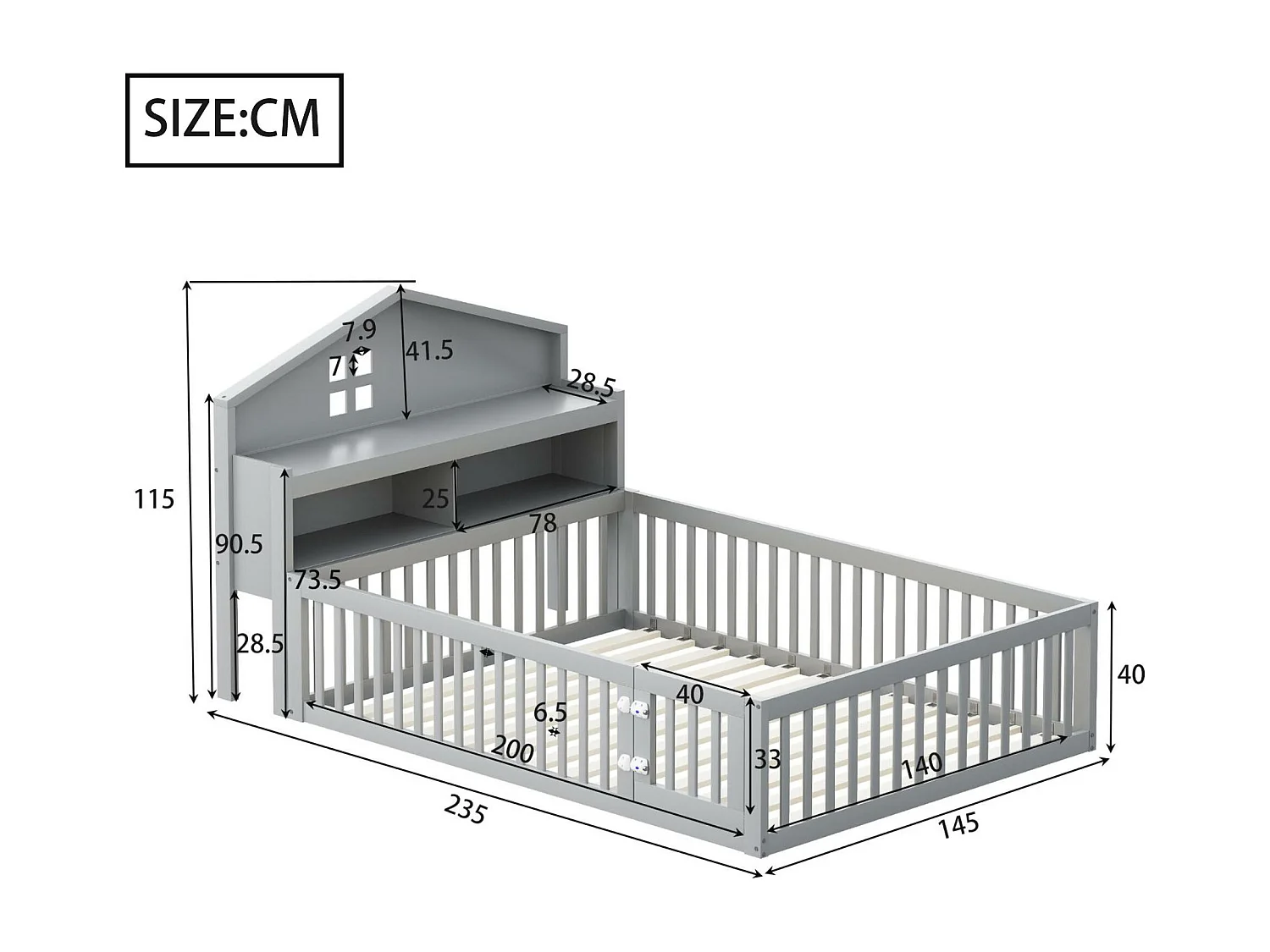 Houten kinderbed 140x200cm - met planken en beschermrooster - met lattenbodem - Grijs