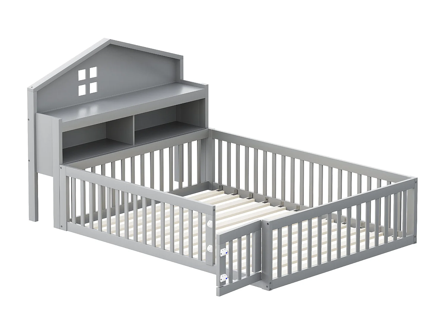 Houten kinderbed 140x200cm - met planken en beschermrooster - met lattenbodem - Grijs