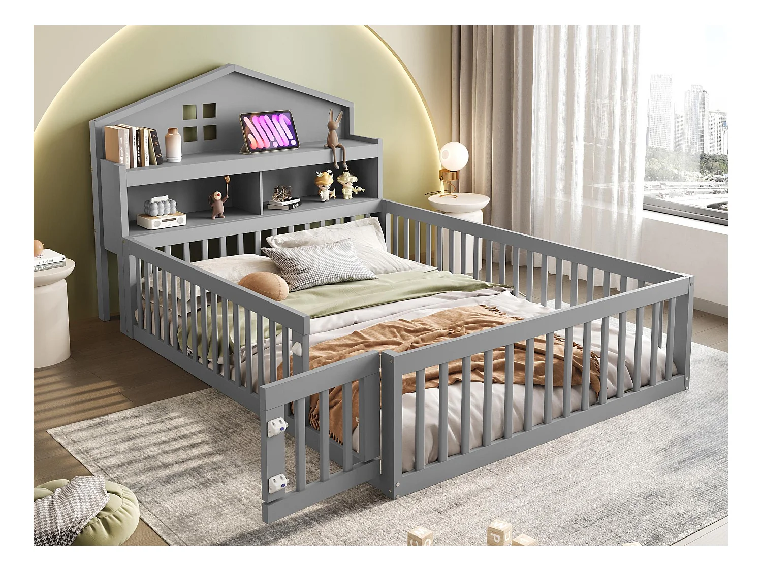 Lit enfant 140x200cm en bois - avec étagères et grille de protection - avec sommier à lattes - Gris