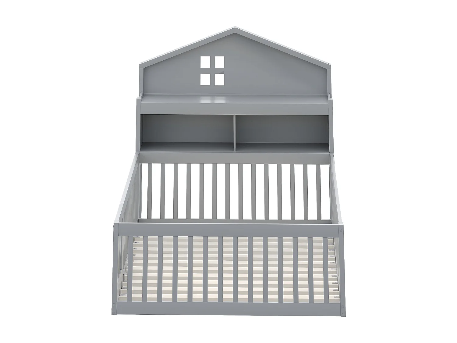 Lit enfant 140x200cm en bois - avec étagères et grille de protection - avec sommier à lattes - Gris