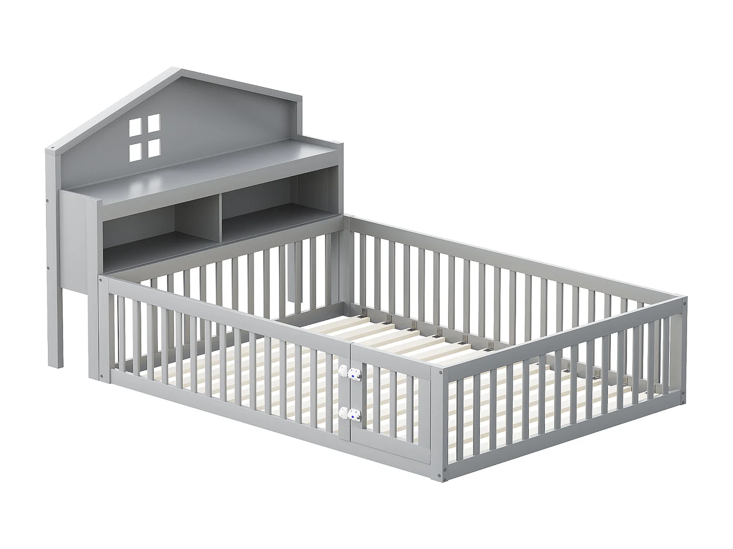 Lit enfant 140x200cm en bois - avec étagères et grille de protection - avec sommier à lattes - Gris