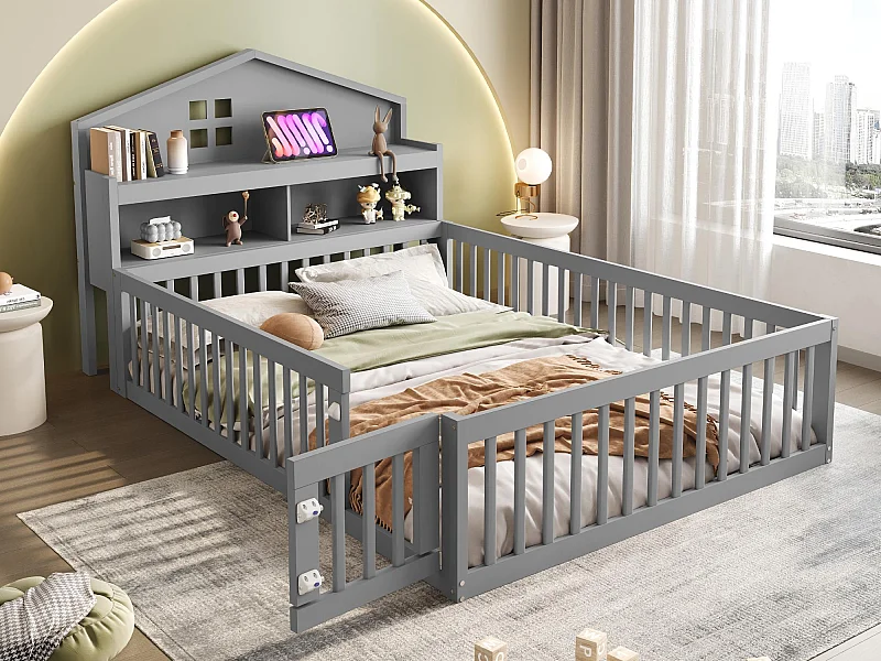 Lit enfant 140x200cm en bois - avec étagères et grille de protection - avec sommier à lattes - Gris