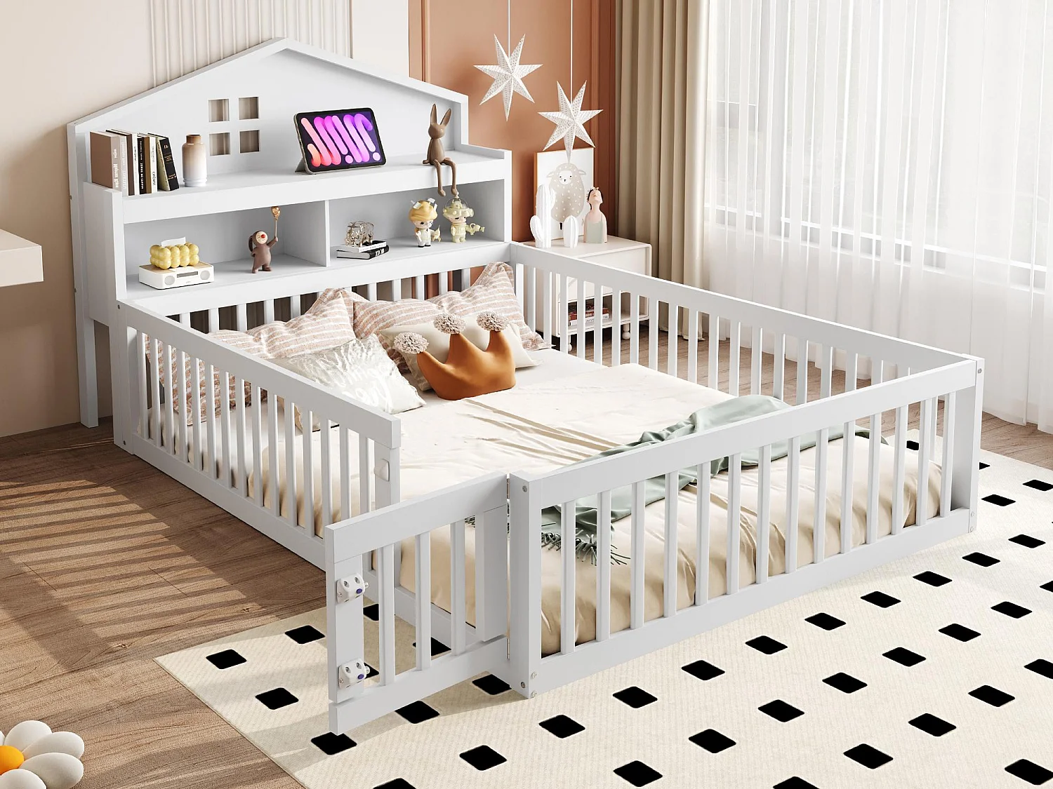 Letto per bambini in legno 140x200 cm - con ripiani e griglia protettiva - con rete a doghe - Bianco