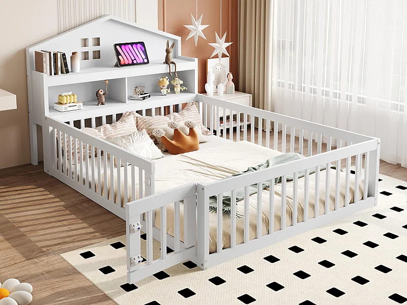 Lit enfant 140x200cm en bois - avec étagères et grille de protection - avec sommier à lattes - Blanc